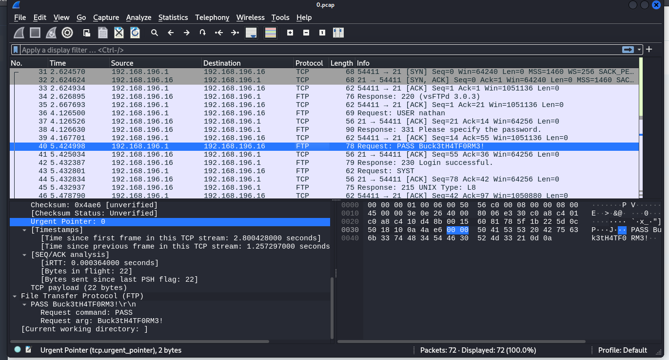 A packet capture depicting FTP login traffic